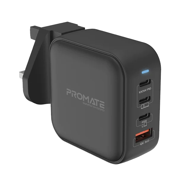 Promate 100W USB-C Gan Wall Charger with Dual USB-C Pd, 18W Qc 3.0, 20W Type-C Pd Ports (PROMCAGAN4PORT100PD)