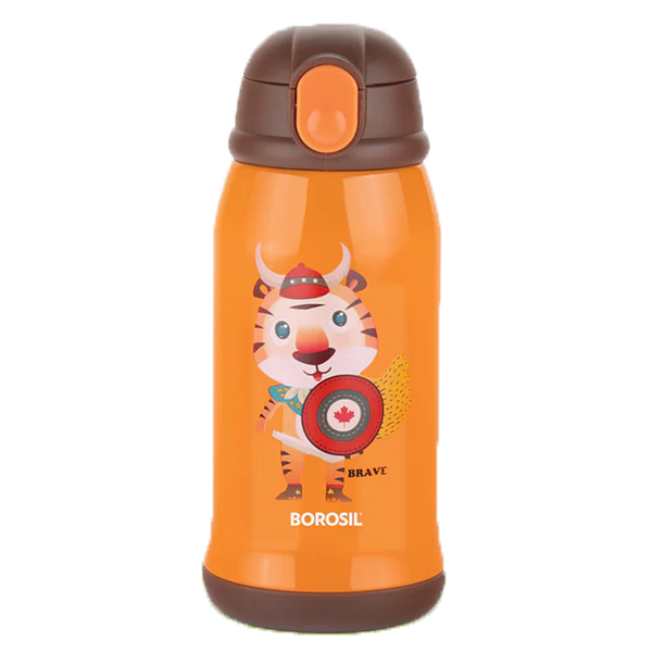 Borosil 500ml Stainless Steel Tigry Kids Sipper (Double Wall Vacuum Insulated Flask, Orange, BRSKBTIGRY500)